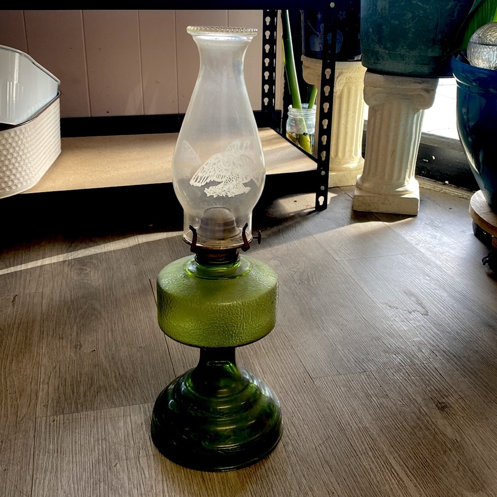 Emerald Green Vintage Depression Glass Keresene Oil Lamp